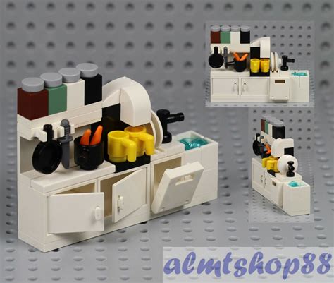 A nice spacious lego gourmet kitchen with a double sink and an island. LEGO - Kitchen Cupboard w/ Sink Dishwasher Coffee Maker ...