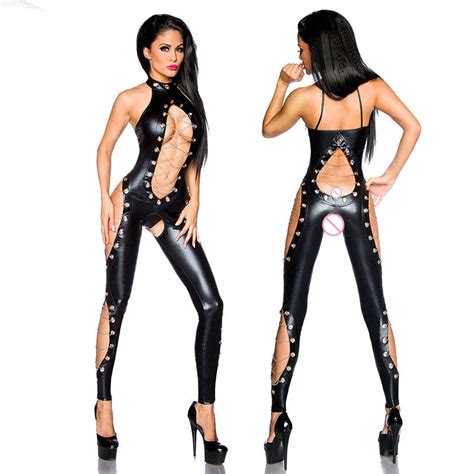 New Stylish Black Erotic Faux Leather Catsuit For Women Halter Bodysuit Chains And Hollow Out