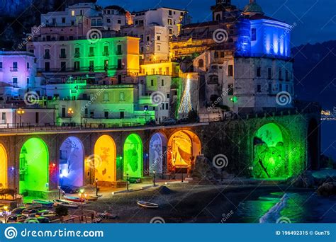 Atrani Amalfi Coast Italy December 2019 Colored Christmas Lights In