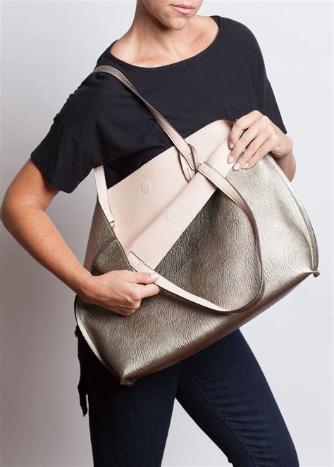 Reversible Leather Tote In Pewter Genuine Leather Handbag Real