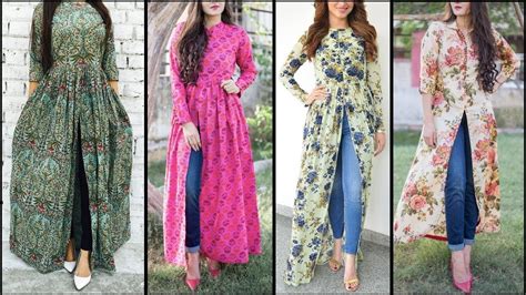 Cute choice for embroidery, long kimono outfit. Latest Floral Front cut Long kurti with jeans | trending ...