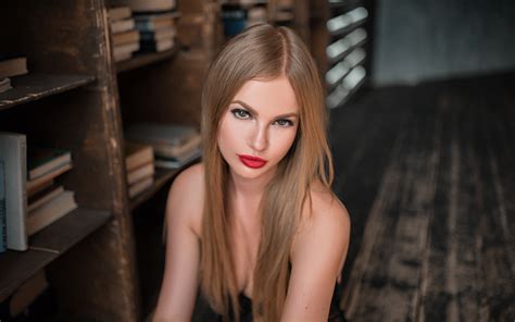 Wallpaper Women Blonde Red Lipstick Portrait Depth Of Field Long Hair 2048x1280