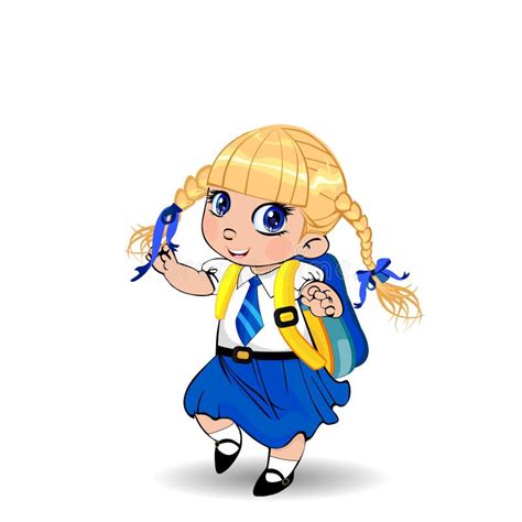 Cute Little Blonde Schoolgirl With Braids And Big Blue Eyes Wearing Uniform With Backpack On