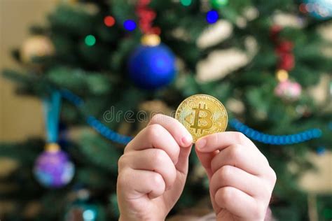 One Bitcoin In The Hand Of Young Boy Concept Stock Image Image Of