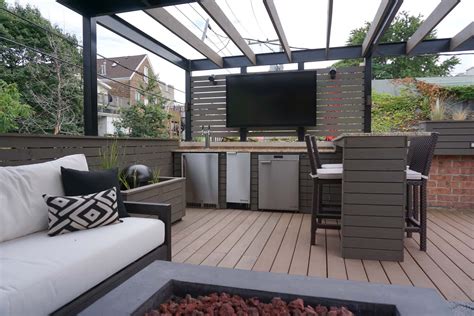 Outdoor Furniture Tv And Pergola In Denver Rooftop Terrace Design