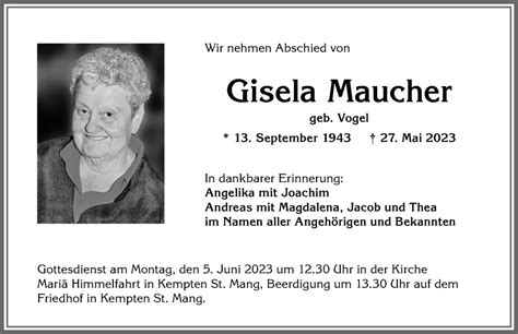 traueranzeigen von gisela maucher augsburger allgemeine zeitung