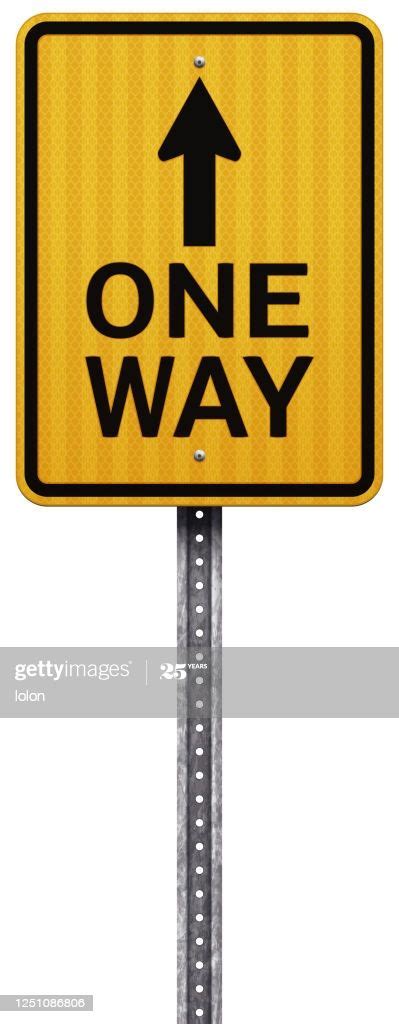 Yellow One Way Road Sign With Metallic Post Isolated On White