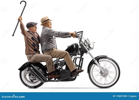 Two Senior Men Riding On A Custom Chopper Motorbike Stock Photo Image