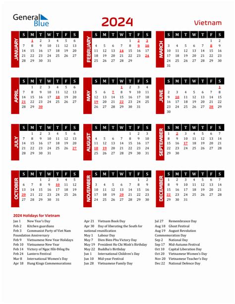 2024 Vietnam Calendar With Holidays