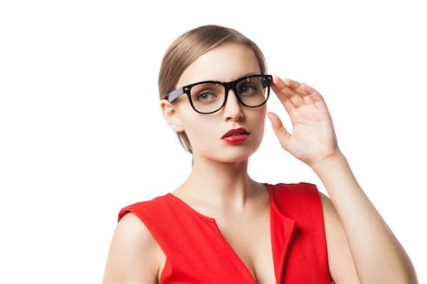 Premium Photo Portrait Of Woman In Red Dress And Glasses Looking Up And Thinking With Open Mouth