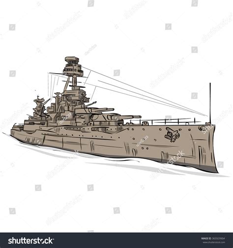 World War 2 Us Battleship Hand Drawn Vector Illustration 365929904
