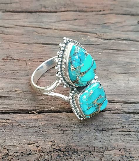 Amazon Com Blue Copper Turquoise Ring Sterling Silver Two Stone