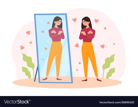 Happy Woman Stand Before Mirror And Hug Herself Vector Image