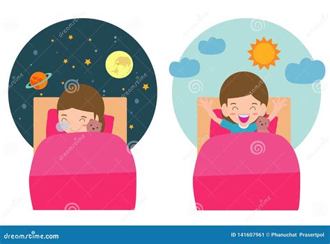 Vector Illustration Of Kid Sleeping And Waking Child Sleeping On