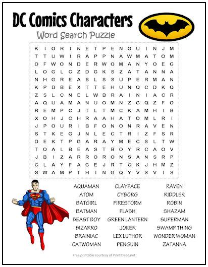 Dc Comics Characters Word Search Puzzle Print It Free