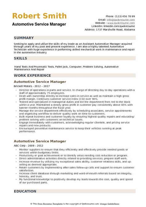 Employee job descriptions provide an opportunity to clearly communicate your companies direction and they tell the employee reports to: Automotive Service Manager Resume Samples | QwikResume