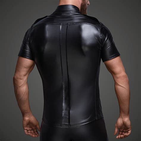 Men Faux Leather Shirts Pu Leather T Shirts Men Sexy Fitness Tops Gay