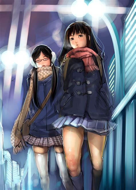 safebooru 2girls bag black hair brown eyes brown hair closed eyes coat cold earmuffs glasses