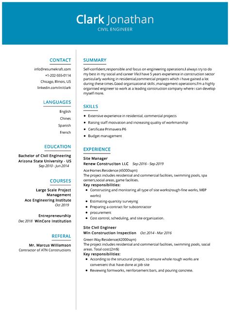 You can edit this civil engineer resume example to get a quick start and easily build a perfect resume in just a few minutes. Civil Engineer Resume Sample - ResumeKraft
