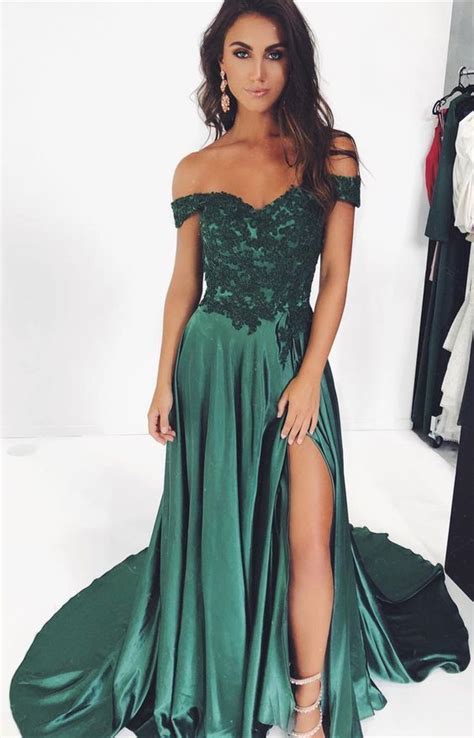 Modest Off Shoulder Split Sweep Train Green Prom Evening Dress With Appliques Green Prom Dress