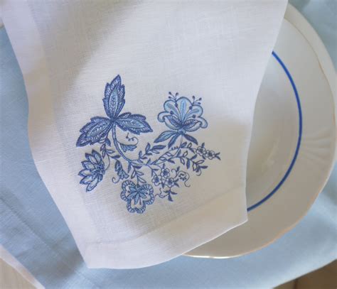 Blue Embroidered Napkins Floral Linen Napkins Table Etsy Australia