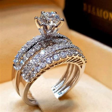 Cute Female Crystal White Zircon Stone Ring Set Luxury 925 Silver