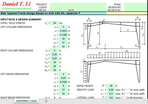 web tapered frame design based on aisc asd 9th appendix f excel sheets