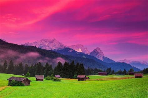 Rosy Dawn At Bavarian Mountains Forest Huts Bonito Trees Sky