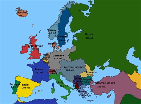 Map Of Europe 1914 Showing Showing Countries Population Without