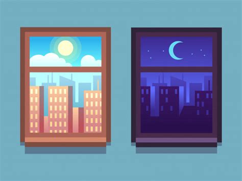 Morning, day and night city skyline landscape, town buildings in different time and urban background. Day and night window. cartoon skyscrapers at night with ...
