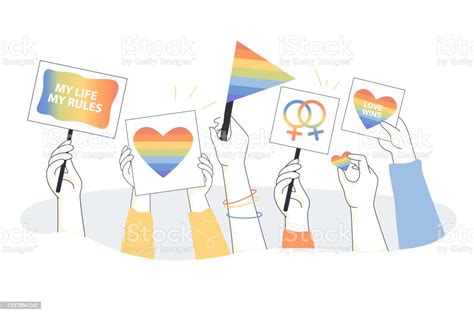 Hands Of Lgbt People Holding Placards And Flags With Rainbows Stock Illustration Download