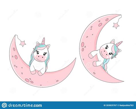 Cute Unicorn Sitting On The Moon Vector Illustration Stock Vector