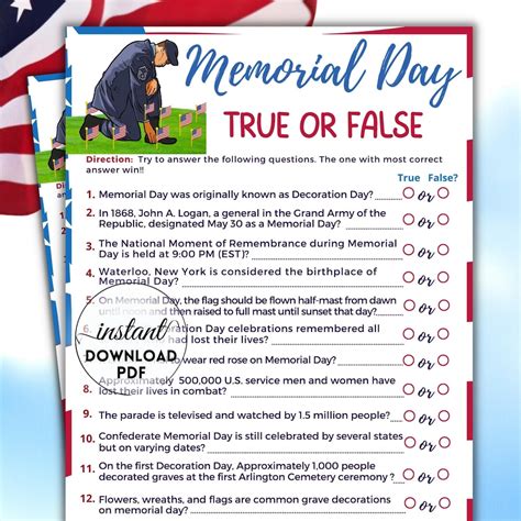 Memorial Day Trivia Game True Or False Game Memorial Day Etsy