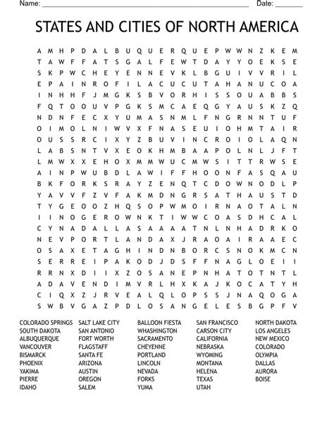 States And Cities Of North America Word Search Wordmint
