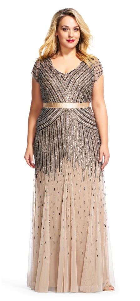 5 out of 5 stars. Adrianna Papell Nude Champagne Gold Cap-sleeve Beaded Sequined Gown Long Formal Dress Size 24 ...