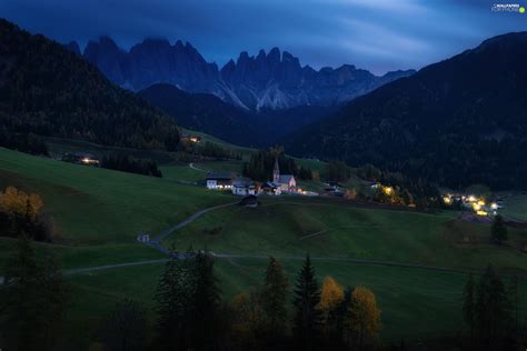 Mountains Italy Woods Dolomites Viewes Twilight Church Village