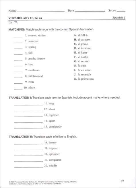 Spanish 1 Quiz And Test Book Volume 2 A Beka Book