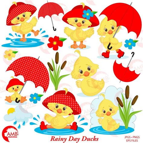 Duck Clipart, Umbrella Clipart, Spring Clipart, April Showers Clipart, Rainy Day clipart, Cute ...