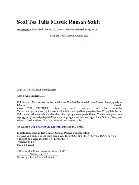 Yang sedang sakit dan membutuhkan perawatan secepatnya agar sakitnya tidak bertambah para, setelah anda. Contoh Soal Tes Tulis Masuk Rumah Sakit Untuk Administrasi ...