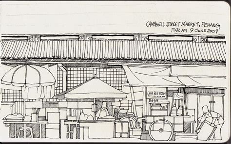 How to draw scenery of village market | toma's drawing. Campbell Street Market, Penang (unfinished) in 2020 | Easy drawings, Urban sketchers, Sketches