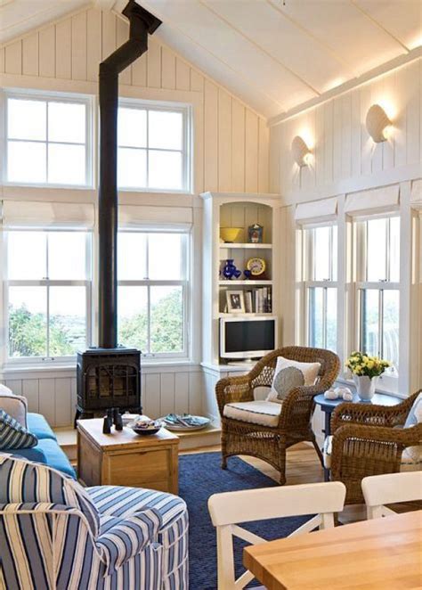 Blue And White Coastal Cottage With Seashell Motif Stripes