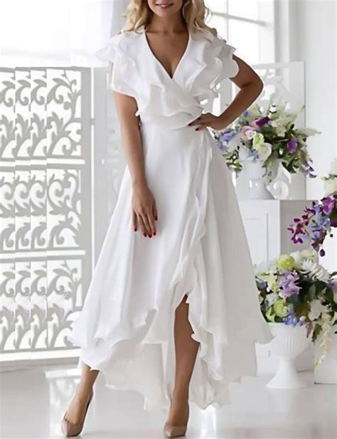 Womens Wrap Dress Midi Dress White Dark Blue Sleeveless สีทึบ Ruffle
