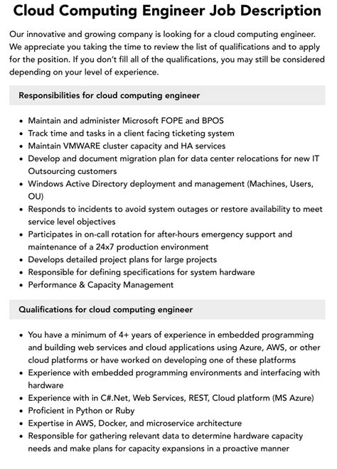 Cloud Computing Engineer Job Description Velvet Jobs