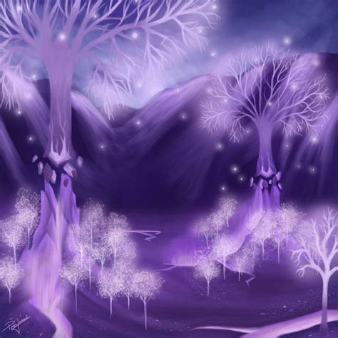 An Artistic Painting Of Trees And Mountains In The Night