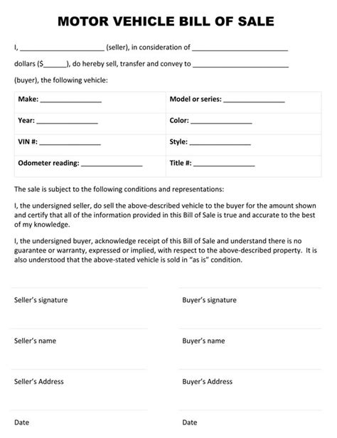 Motor Vehicle Bill Of Sale Form