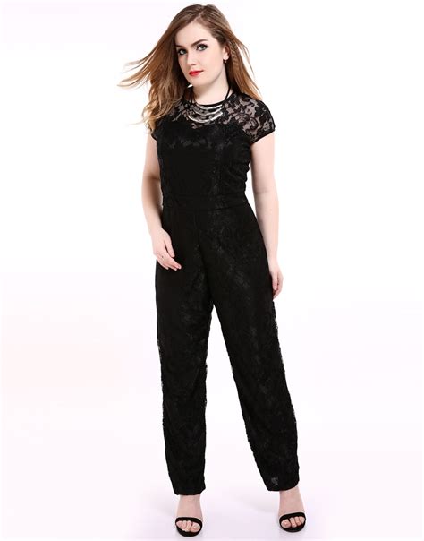 Cute Ann Womens Short Sleeve Black Plus Size Lace Jumpsuits And