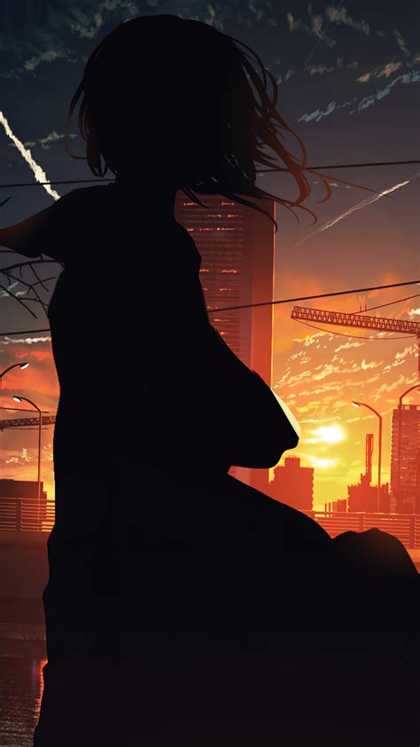 Download Anime Girl Silhouette Sunset City Scenery 4k Wallpaper