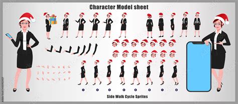 christmas santa girl character design model sheet with walk cycle and