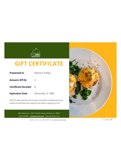 Restaurant Gift Certificate Template Pdf Templates Jotform With