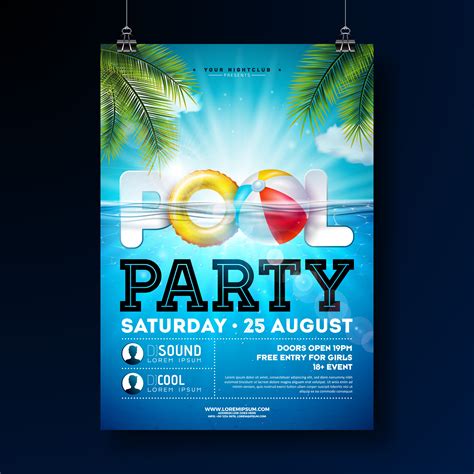 Summer Pool Party Poster Design Template With Water Beach Ball And